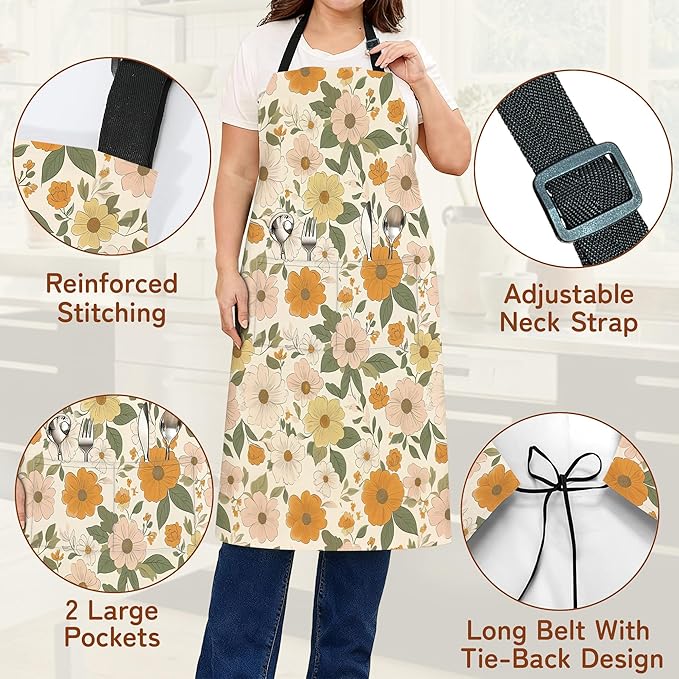 Kitchen Apron with Pocket,Waterproof Adjustable Neck and Long Ties, Cooking Baking Gardening Painting Apron for Women