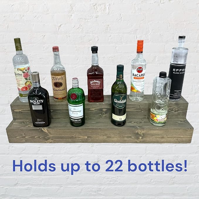 Tiered Bottle Shelf | 2 Tier Liquor Bottle Display | Bar Organization | Display Shelf | Wine Shelf | Bar Display | Kitchen Counter Shelf (24", Weathered Grey)