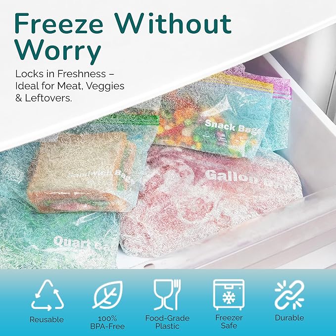 Reusable Food Storage Bags – 260 Pack Variety Pack (Snack, Sandwich, Quart, Gallon) – BPA-Free, Leakproof Zipper Bags with Expandable Bottom – Freezer Bags Safe, Kitchen & Pantry Organizer