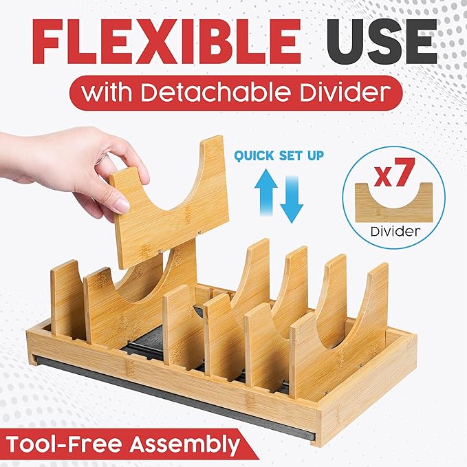 [Upgraded] Bamboo Pots and Pans Organizer under Cabinet, Bakeware and Cutting Board Organizers with Diatomaceous Earth Base & 7 PCS Adjustable Dividers, Tray Organizer for Kitchen Storage