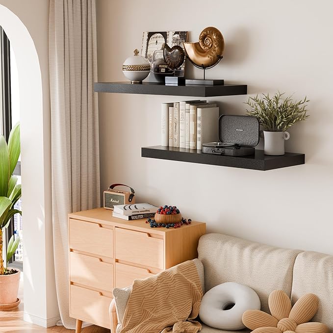 Black 24 Inch Floating Shelves for Wall, 10 Inch Deep Floating Shelves, Wall Shelves for Bathroom Over Toilet, Live Edge Display Shelf with Invisible Brackets for Bedroom, Home Decor