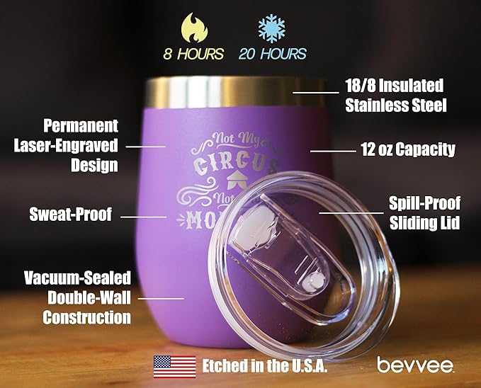 Bevvee Not My Circus Not My Monkeys - Wine Tumbler with Sliding Lid - Stemless Stainless Steel Insulated Cup - Funny Retirement Gifts - Purple