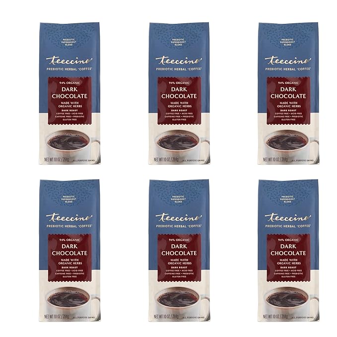 Teeccino Dark Chocolate Prebiotic SuperBoost™ Coffee Alternative - Support Probiotics with Caffeine-Free Herbal Coffee Featuring 3 Vegan Prebiotics for Gut Health, 10 Ounce, Pack of 6