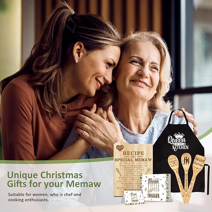 Christmas Memaw Gifts, Gift for Memaw for Grandma Wooden Cutting Board with Cooking Utensils Set with Apron from Grandkids Kitchen Set