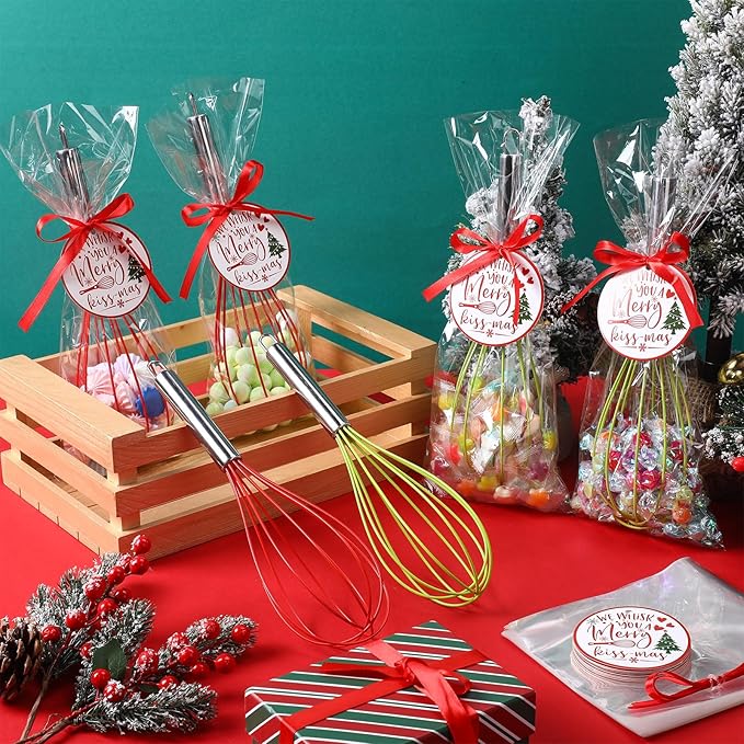 48 Sets 10 Inch Christmas Whisks Gifts DIY Fillable Christmas Tree Ornaments Xmas Colored Silicone Whisks for Cooking Heat Resistant Egg Beaters with Card Rope Bag for Candy Holder