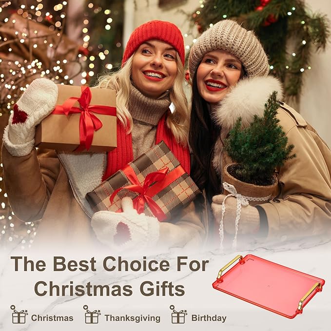 uxcell Plastic Serving Tray with Golden Handle, 16 x 8.7 Modern Rectangular Decorative Tray Acrylic Reusable Tea Platter for Countertop Bathroom Kitchen Home Restaurant, Pink