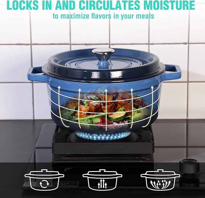 HAUSHOF 5.3QT Enameled Cast Iron Dutch Oven with Lid, Non-Stick Pot for Sourdough Bread Baking, Stewing, Rosting, Blue