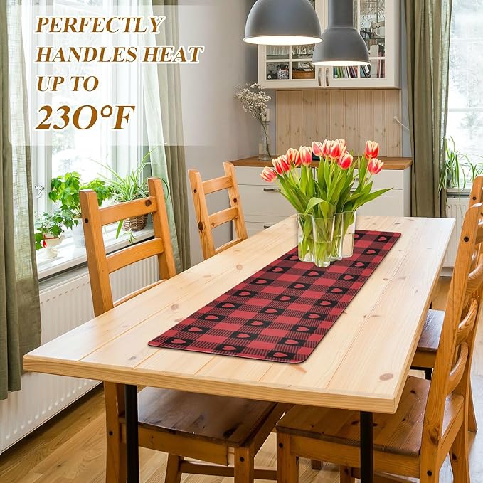 Valentine's Day Trivet Table Runner 40 Inches Long Red Buffalo Check Gingham Love Heart Valentine's Day Heat Resistant Hot Pad Multi Purpose Mat for for Hot Pots Pans Kitchen Countertops