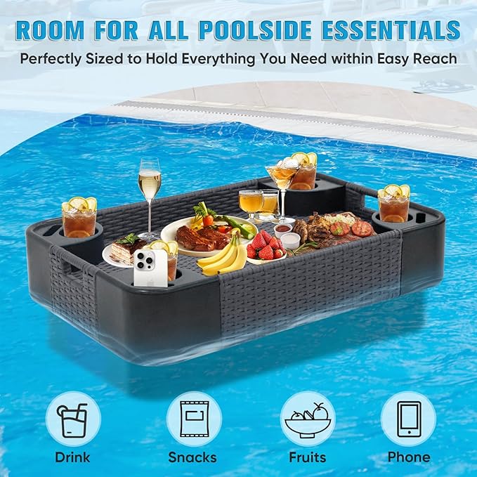 COOS BAY 35''x24'' Rectangular Floating Drink Holder for Pool and Hot Hub, Large Floating Serving Tray with Handles, Wicker Floating Pool Tray for Food and Drinks, Gray