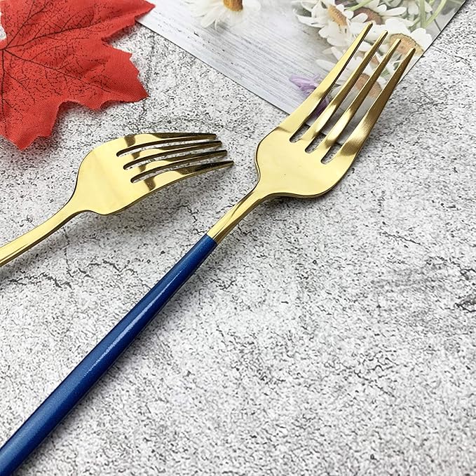 JASHII 18/10 Silver Silverware Set Stainless Steel Flatware Utensils Set Gold Cutlery Set| 36-Piece Modern Cubiertos Dorados| BEST Birthday Wedding Gift (6 sets, Blue Handle Gold Mirror Polish)