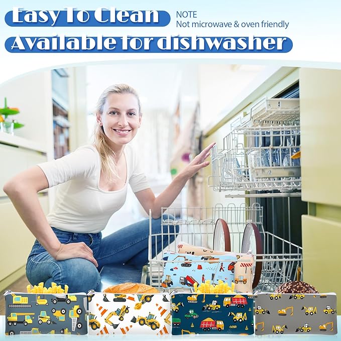 Chumia 6 Pcs Reusable Snack Bags Christmas Gifts Food Safety Washable Snack Bags Lunch with Zipper Portable Sandwich Bag Food Storage Pouch Double Layer(Truck,6.9 x 3.7 Inches)