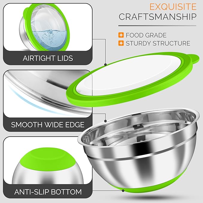 HaWare Mixing Bowls, 24-Piece Stainless Steel Salad Serving Bowl with Airtight Clear Lids, Metal Nesting Bowl For Kitchen Cooking Prepping Storing with 3 Graters, 4.6/2.6/1.5/1/0.7 QT, Colorful