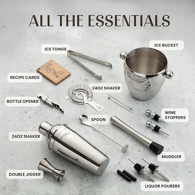 Mixology & Craft 16-Piece Cocktail Shaker Set - Bartender Kit & Home Bar Accessories, Stainless Steel Barware with Ice Bucket - Gift Ready