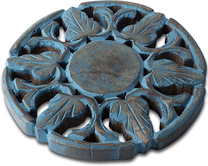Handmade Wooden Trivet for Hot Dishes Plates & Pots Holder Hot Pad for Kitchen & Dining Table Decor Cookware Heat Resistant Rustic Decorative Carvings Tabletop Home & Dining Table Essentials (Blue)