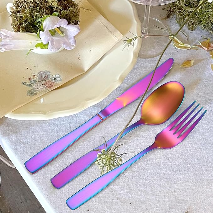Matte Rainbow Silverware Stainless Steel Flatware Set for 6 Colorful Cutlery Set 30 pieces Include Forks Spoons and Knives for Kitchen Home Restaurant Satin Finish Square Edge Handle