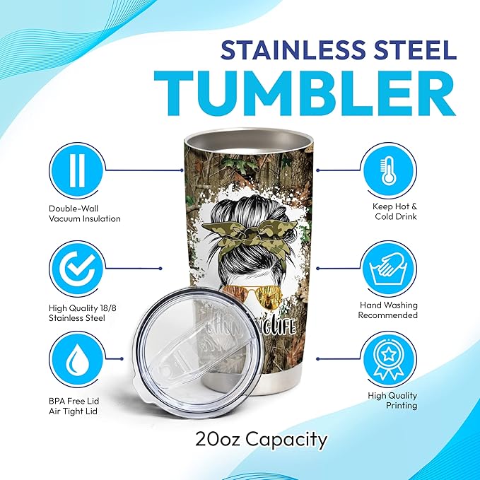 Hyturtle Personalized Hunting Gifts For Women - Huntinglife Camo Customized Name Tumbler 20 Oz Travel Coffee Mug Stainless Steel - Hunting Gift For Mom, Her, Hunters On Birthday, Christmas