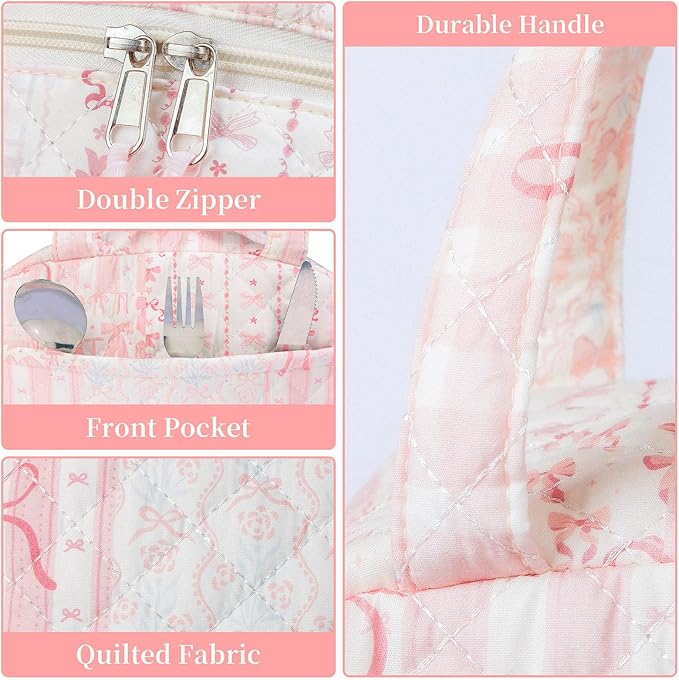 Quilted Lunch Box for Women,Lunch Box for Teen Girls,Cute Bow Patchwork Lunch Bags for Work, School,Office,Picnic,Travel(bow patchwork)