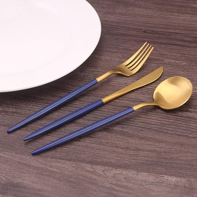 Matte Gold Silverware Set with blue handle, Bysta 20-Piece Stainless Steel Flatware Set, Kitchen Utensil Set Service for 4, Tableware Cutlery Set for Home and Restaurant, Satin Finish, Dishwasher Safe