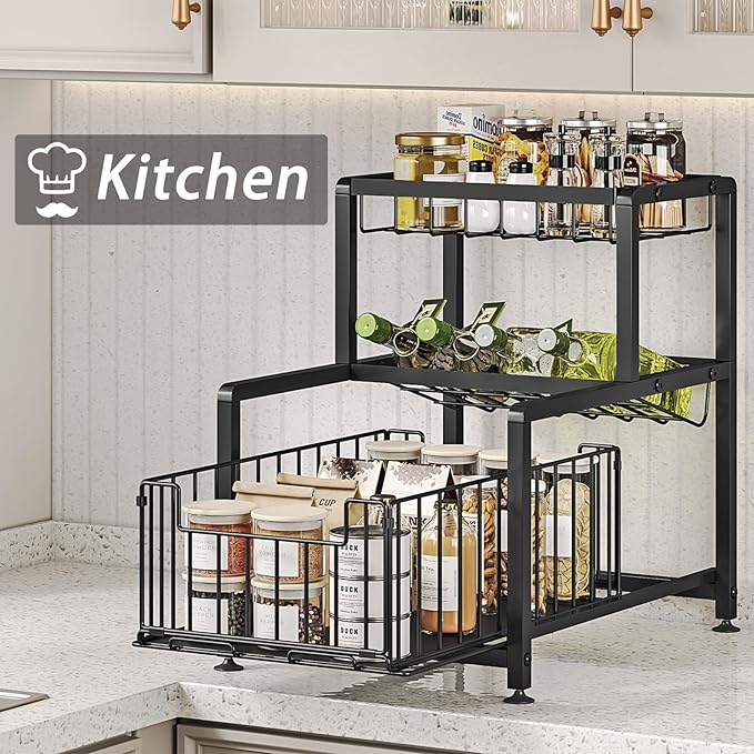 Pull Out Spice Rack Organizer for Cabinet Kitchen Storage Shelf Slide Out Drawer Counter Shelves Slip-Resistant Design for Jars and Bottles Space-Saving (Black, 3Tier)