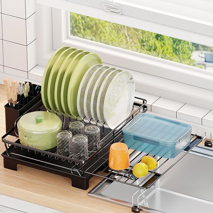 Simple Trending Dish Rack, Extendable Sink Dish Drying Rack for Kitchen Counter, Large Anti-Rust Dish Drainer with Utensil Holder, Black