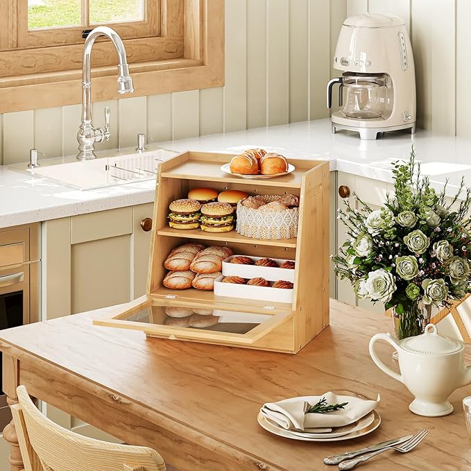 HOOBRO Bread Box, Bamboo Bread Box Storage Container with Drawer, 2-Tier Kitchen Countertop Food Storage Box with Acrylic Door, for Food, Natural YL21MB01