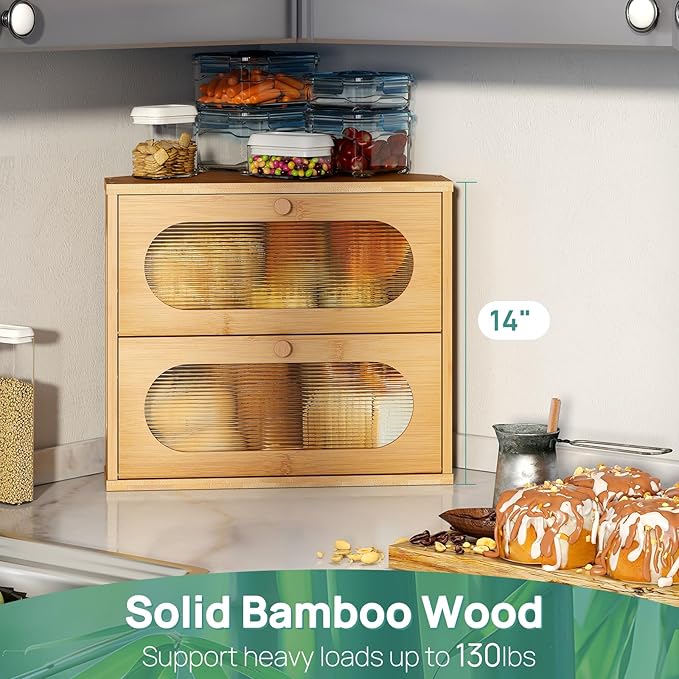 Corner Bread Box for Kitchen Countertop, 2 Tier Corner Bread Box, Bamboo Wood Large Capacity Bread Storage Bin with Acrylic Wavy Door Panel