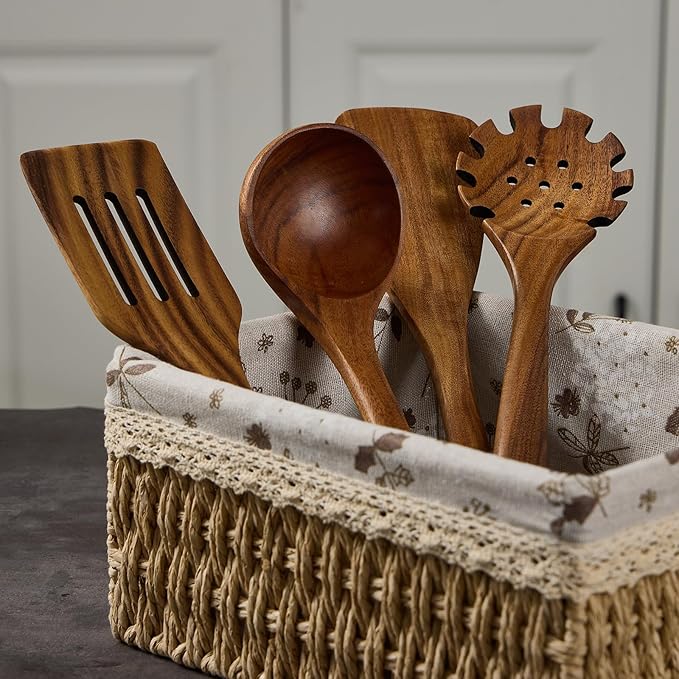 Wooden Kitchen Utensils Set, Teak Wood Cooking Spoons for Non-Stick Pans, 7 Pieces
