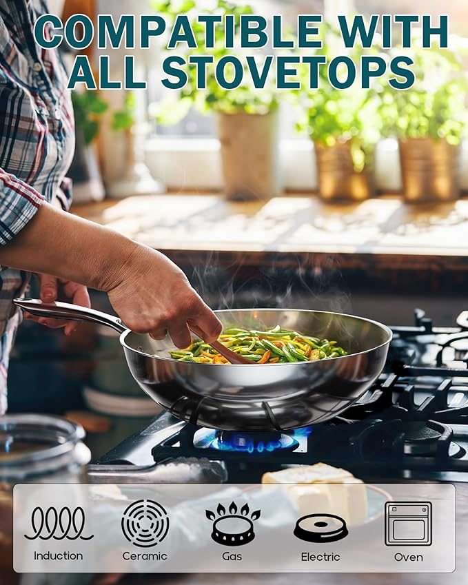 Cooks Standard Multi-Ply Clad Stainless Steel Wok Stir Fry Pan, 10.5 inch Induction Wok with Lid, Flat Bottom Wok, Silver