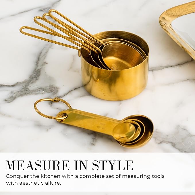 STYLED SETTINGS Gold Measuring Cups and Spoons Set – Stackable 8-Piece Brass Measuring Set – Stylish and Sturdy Gold Kitchen Accessories for Baking and Cooking