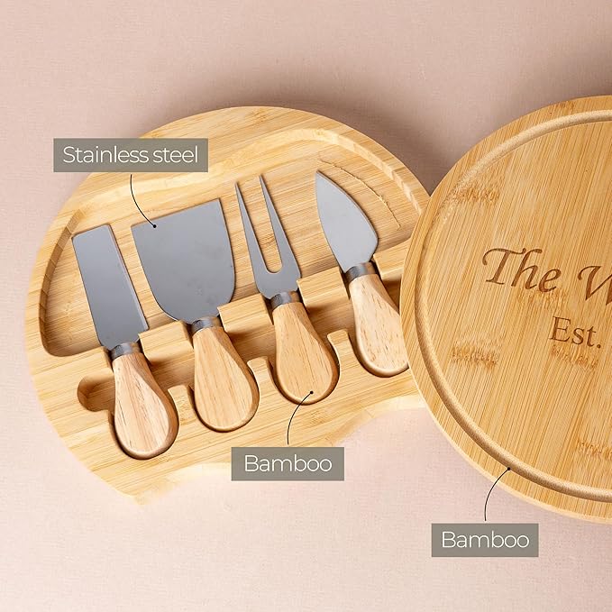 Custom engraved luxury charcuterie board & knife set/4pcs, personalized cheese chopping serving tray for food, for table decoration, personalized gift for dinner hostess (Your text (Est. Year))