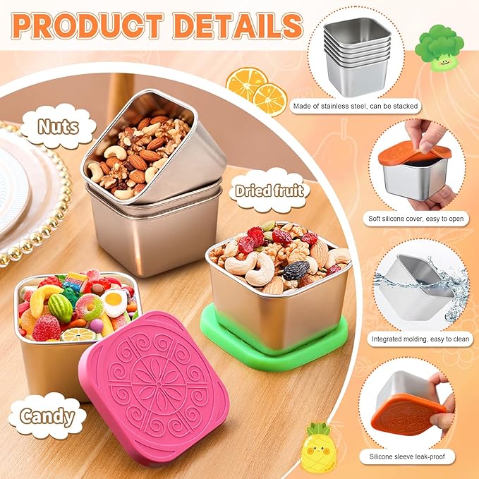 8 Pack Stainless Steel Small Storage Containers with Silicone Lids, 6oz Reusable Mini Portion Cups, Leak-Resistant Metal Containers for Snacks, Sauce, Meal Prep & On-the-Go