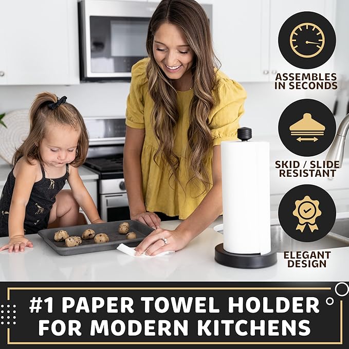 Dear Household Stainless Steel Paper Towel Holder Easy One-Handed Operation - This Sturdy Weighted Paper Towel Dispenser Countertop Model Has Suction Cups and Holds All Paper Towel Rolls - Black
