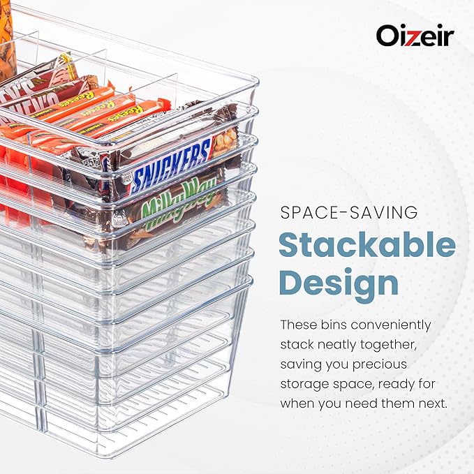 Oizeir Clear Pantry Organizer Bins 8-Pack - Fridge Organizer with 3 Removable Dividers, Ideal for Kitchen, Pantry, Refrigerator, Freezer, and Snack Storage