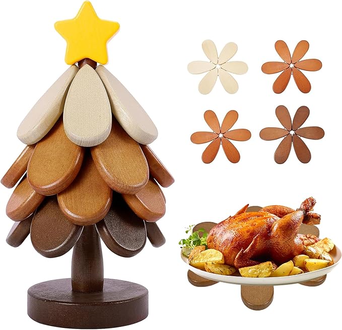 Tree Trivet for Hot Dishes, Artisanal Wooden Tree Coasters with Stand, Collapsible Trivets Tree, Christmas Tree Coasters Set of 4，2025