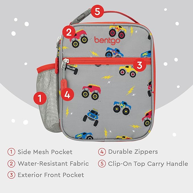 Bentgo Kids Insulated Lunch Tote - Water-Resistant, Reusable, Lightweight & Durable Lunch Bag with Water Bottle Holder & Exterior Pocket, Fits Lunch Box & Water Bottle - Ideal for Ages 3+ (Trucks)