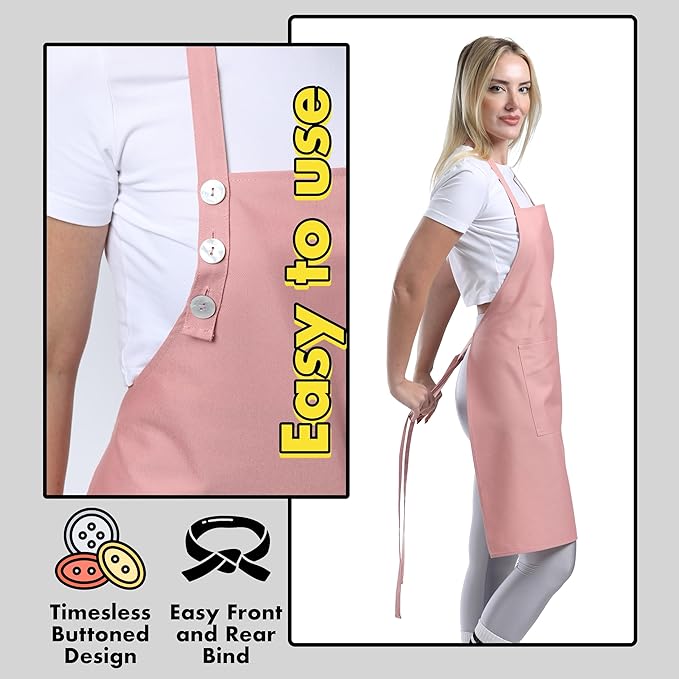 TOSHE Kitchen Apron Waterdrop Resistant Cotton Apron with adjustable Aprons for Women with Pockets 10 Color option Cooking Powder Pink Apron (Powder Pink)
