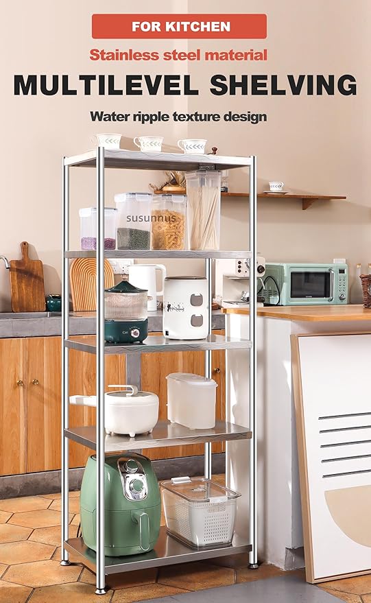 susunnus Stainless Steel Shelves 23.6in-3 Tier, Stainless Steel Shelf Organizer, Kitchen Storage Shelves, Artistic Texture, Pragmatic& Sturdy & Waterproof