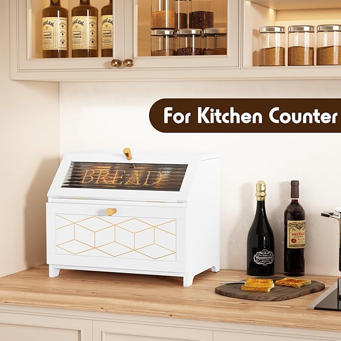 Double Layer Bread Box With Golden Trim for Countertop, Wooden Bread Container for Kitchen Counter, Corner Bread Storage (White)