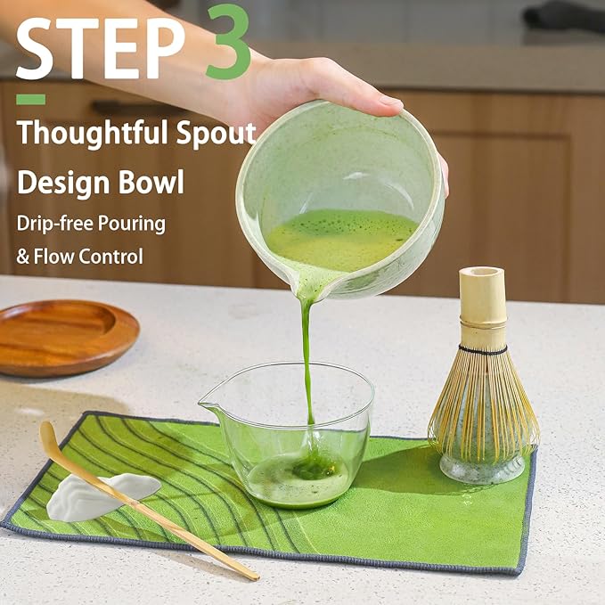 Matcha Whisk Set, 7 Pcs Matcha Set Includes Matcha Bowl with Spout, Bamboo Whisk, Holder, Stainless Sifter, Scoop and Rest, Rest, Tea Towel - Japanese Matcha Kit for Matcha Lovers, Family/Friend