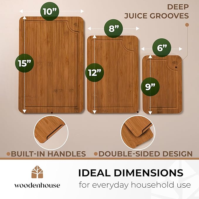 Wood Cutting Boards Set of 3 – Thick & Sturdy Bamboo Cutting Board with Deep Juice Grooves & Build-in Handles, Large Surface, Easy to Clean – for Meat, Vegetables and Fruits