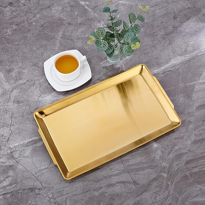 16.3" x 11" Large Serving Platters, Stainless Steel Heavy-Duty Large Serving Trays, Gold Rectangular Plates for Food, Fruit, Party, Wedding, Christmas, Chip and Scratch Resistant