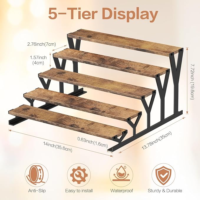 KALYLOC 5 Tier Wooden Display Riser Stand 13.8 Inch Metal Step Cologne Stand Perfume Organizer Tabletop Tiered Display Shelf Rack for Cupcake Spice Figures Cosmetics Candles (Brown, Y-Shape)