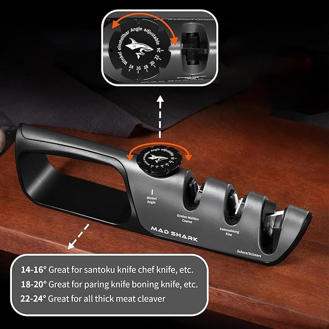 MAD SHARK Knife Sharpener, 6 Adjustable Sharpening Angle, Coarse & Fine Knife Sharpener Tool, Handheld Manual Knives Sharpener for Precision Kitchen Knives, Pocket, Scissors, Black