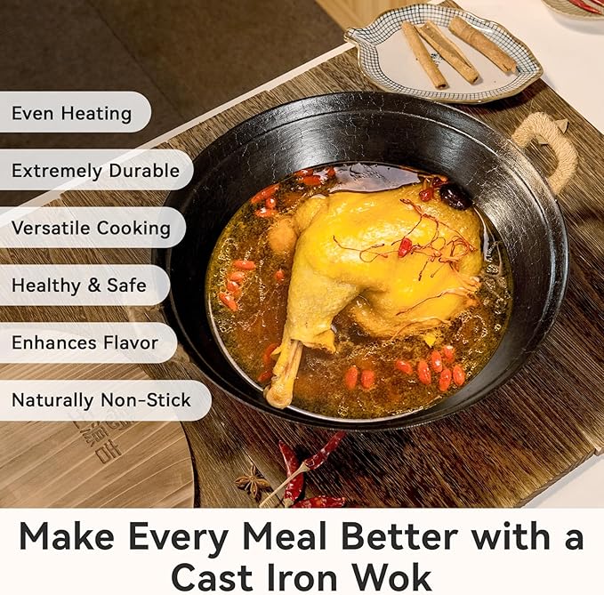 WANGYUANJI Handmade Cast Iron Wok 14.2 inch Large Woks Stir-Fry Pans with Dual Handle,Fry Pan Suitable for Induction, Electric, Gas, Halogen All Stoves-Black,Uncoated Craft Pot Healthy Cooking Wok