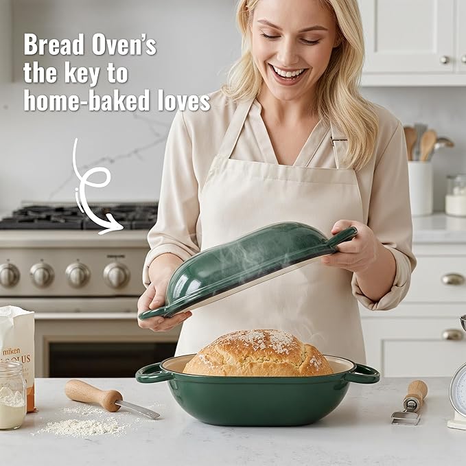 5 QT Oval Dutch Oven for Bread Baking, Enamelled Cast Iron Bread Oven for Sourdough, Sourdough Loaf Pan with Lid, Heavy-Duty Non Stick Bread Pan for Homemade Bread Baking, Green