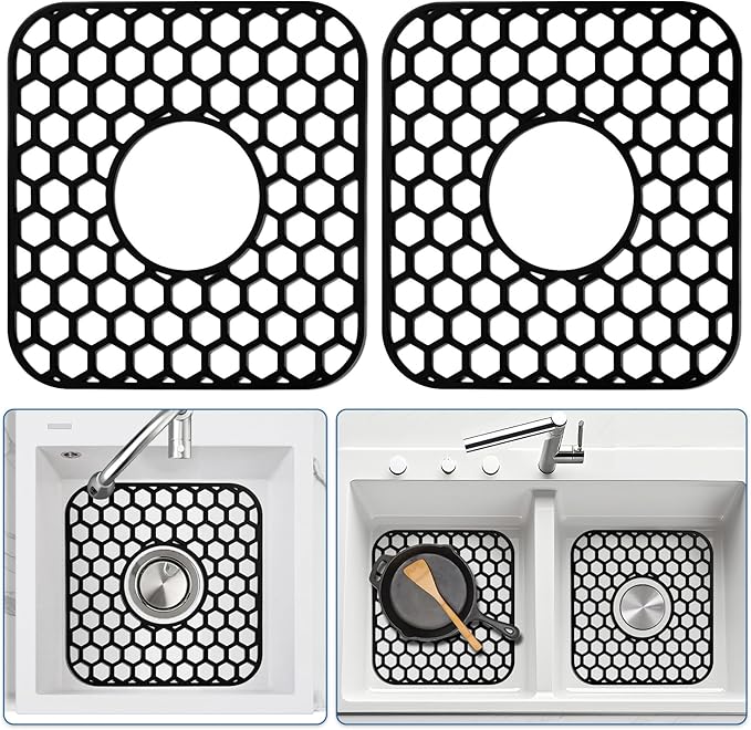 2 Pack Silicone Sink Protectors for Kitchen Sink - 12" x 11" Kitchen Sink Grid Accessory, Non-Slip Heat-Resistant Mat for Bottom of Porcelain Stainless Steel, Dishwasher Safe (Black)