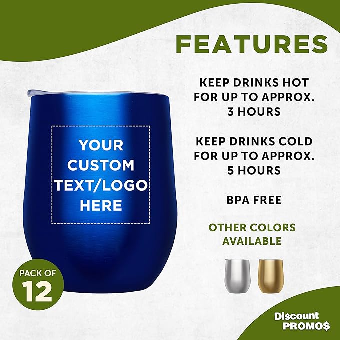 Custom Stemless Wine Glass Tumblers with Lids by Largo 11 oz. Set of 12, Personalized Bulk Pack - Perfect for Wine, Cocktails, Other Hot & Cold Beverages - Blue