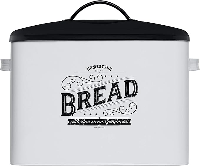Extra Large White Farmhouse Bread Box for Kitchen Countertop - Breadbox Holder Fits 2+ Loaves - Bread Storage Container Bin - Rustic Bread Keeper Vintage Metal Kitchen Decor for Counter (Black Lid)