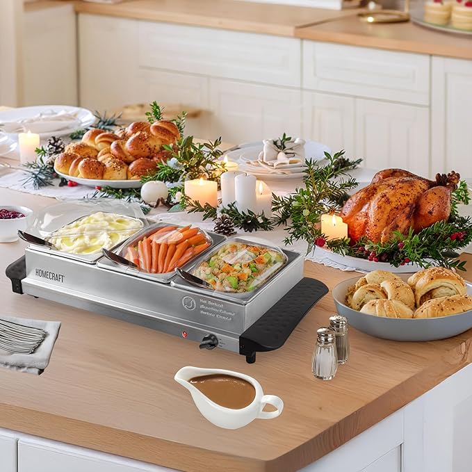 HomeCraft HCBS15SS 3-Station 1.5-Quart Stainless Steel Buffet Server Slow Cooker & Warming Tray, Adjustable Temperature, Perfect for Dinner, Appetizers