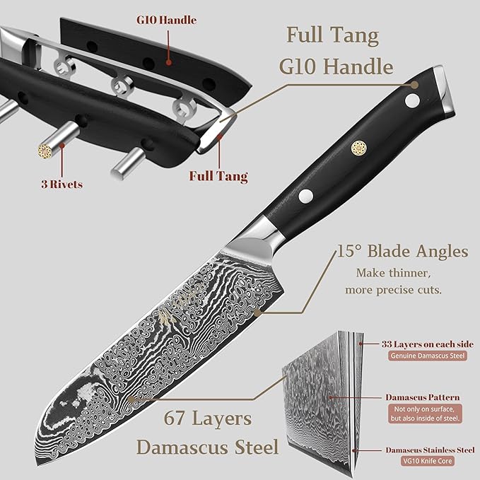 Wakoli Nitoko 2-Piece Kitchen Knife Set – Professional Damascus Chef Knives | 67-Layer VG10 Core Steel | Ergonomic G10 Handle | Santoku Knife & Small Santoku in Wooden Gift Box